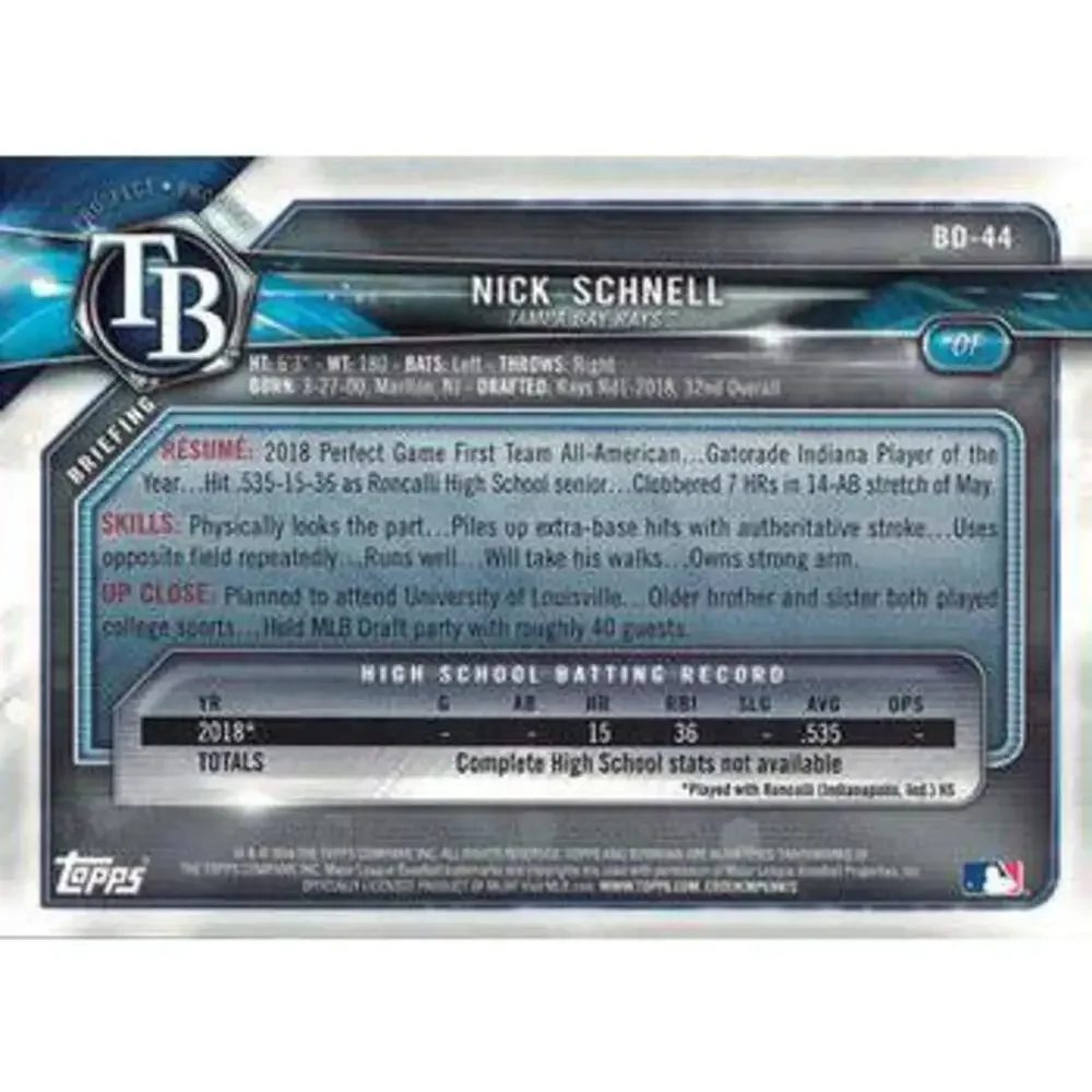 2018 Bowman Draft Nick Schnell FBC BD-44 Tampa Bay Rays